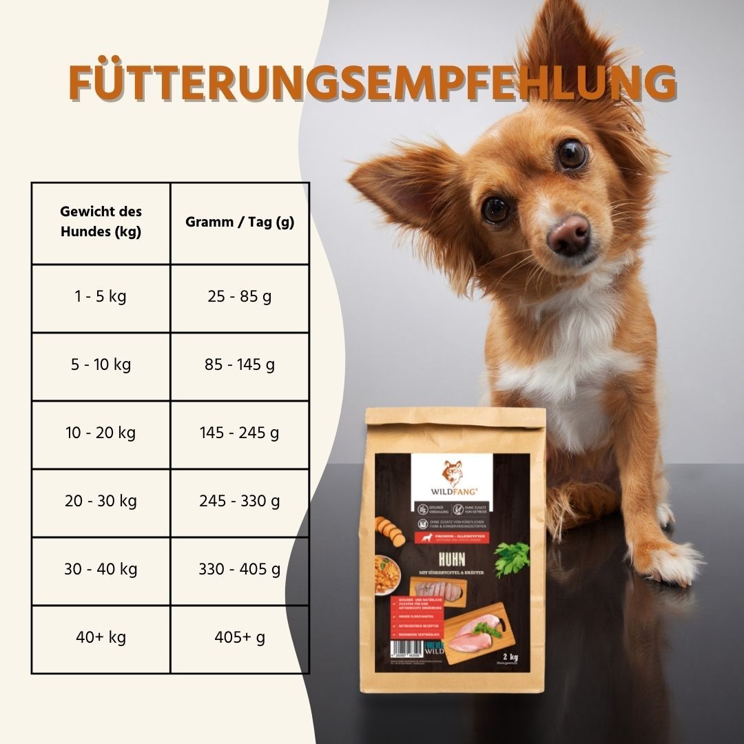 Fütterungsempfehlung. Tabelle mit Gewichts- und Grammangaben. Tüte Huhn. Hund im Hintergrund.
