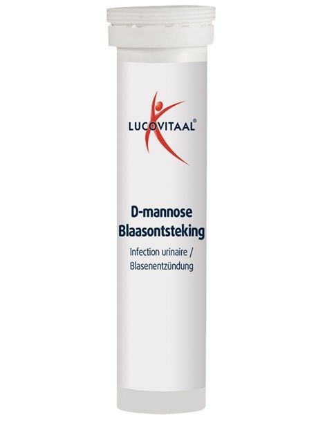 Zylindrische Tube "Lucovitaal D-Mannose Blaasontsteking". Enthält Tabletten. Weißer Deckel. Produktname und Logo sichtbar.