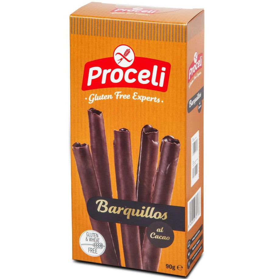 Proceli Barquillos Waffelröllchen glutenfrei in Verpackung. Orangefarbene Schachtel mit Produktnamen und Logo. Glutenfrei-Zeichen.