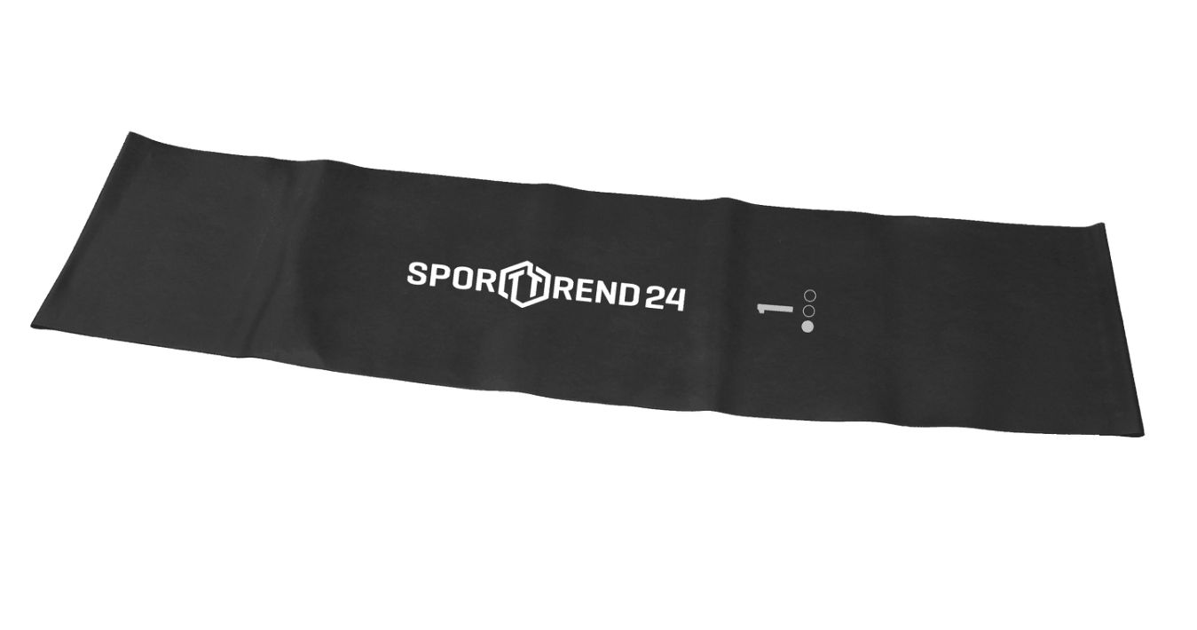 Schwarzes Gymnastik Loop Band. Aufschrift: Sporttrend24. Weißes Logo und Symbole. Flache, rechteckige Form.