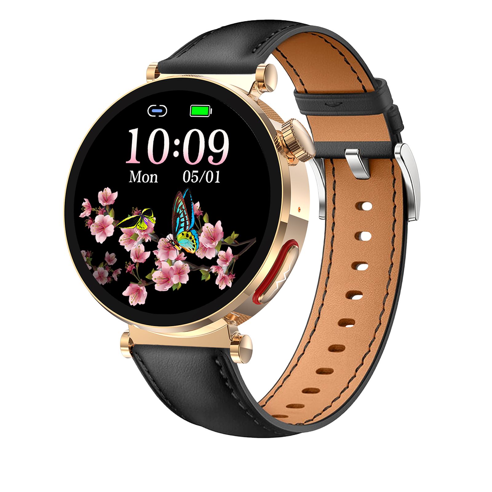 Goldfarbene Smartwatch mit schwarzem Lederarmband. Das Zifferblatt zeigt Zeit, Datum und ein Blumen- und Schmetterlingsmotiv.