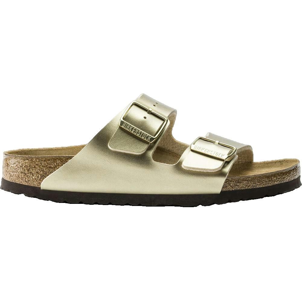 Sandali dorati con due cinturini e fibbie. Plantare in sughero. Marchio Birkenstock.