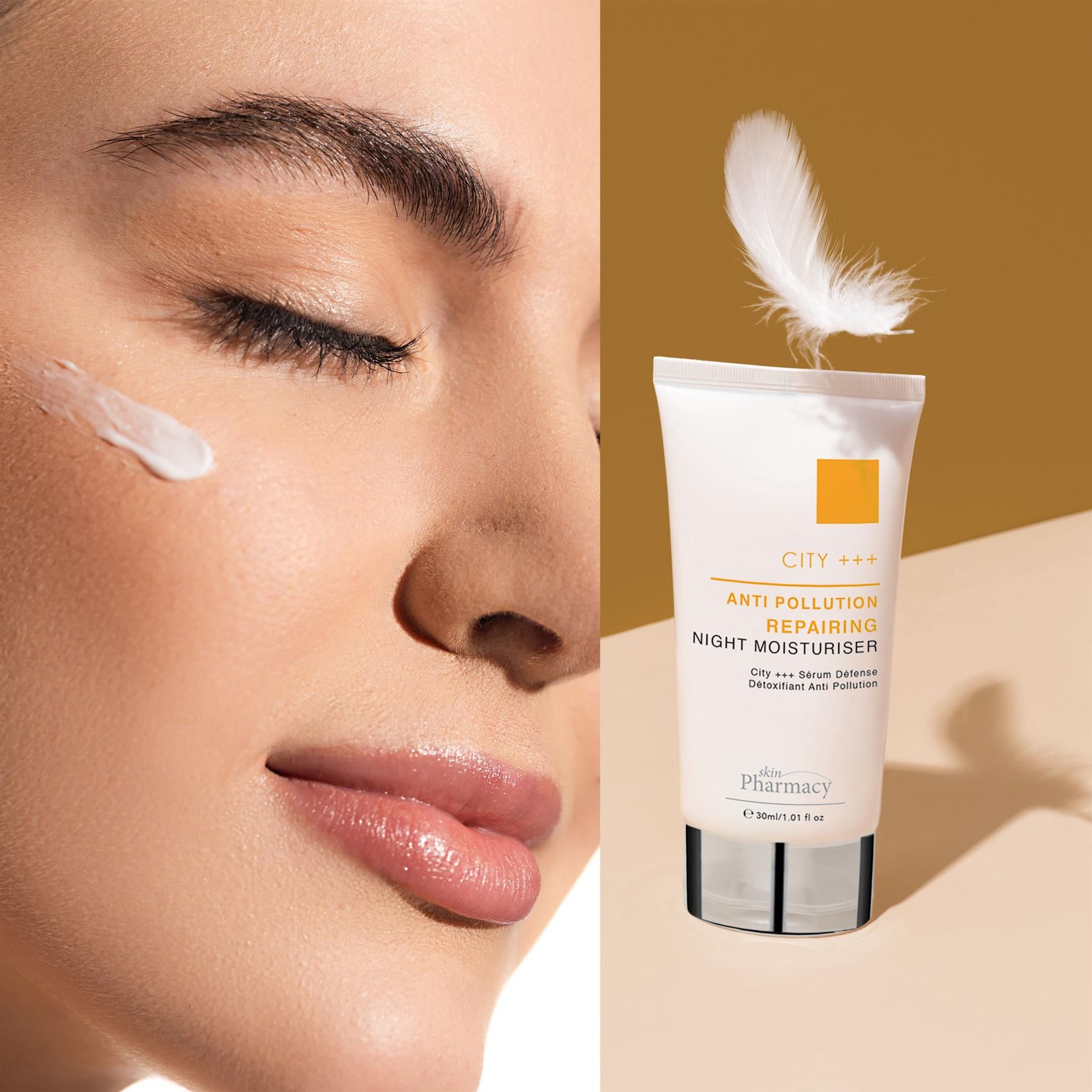 Gesicht mit aufgetragener Creme und Tube skinPharmacy CITY +++ Nachtcreme.