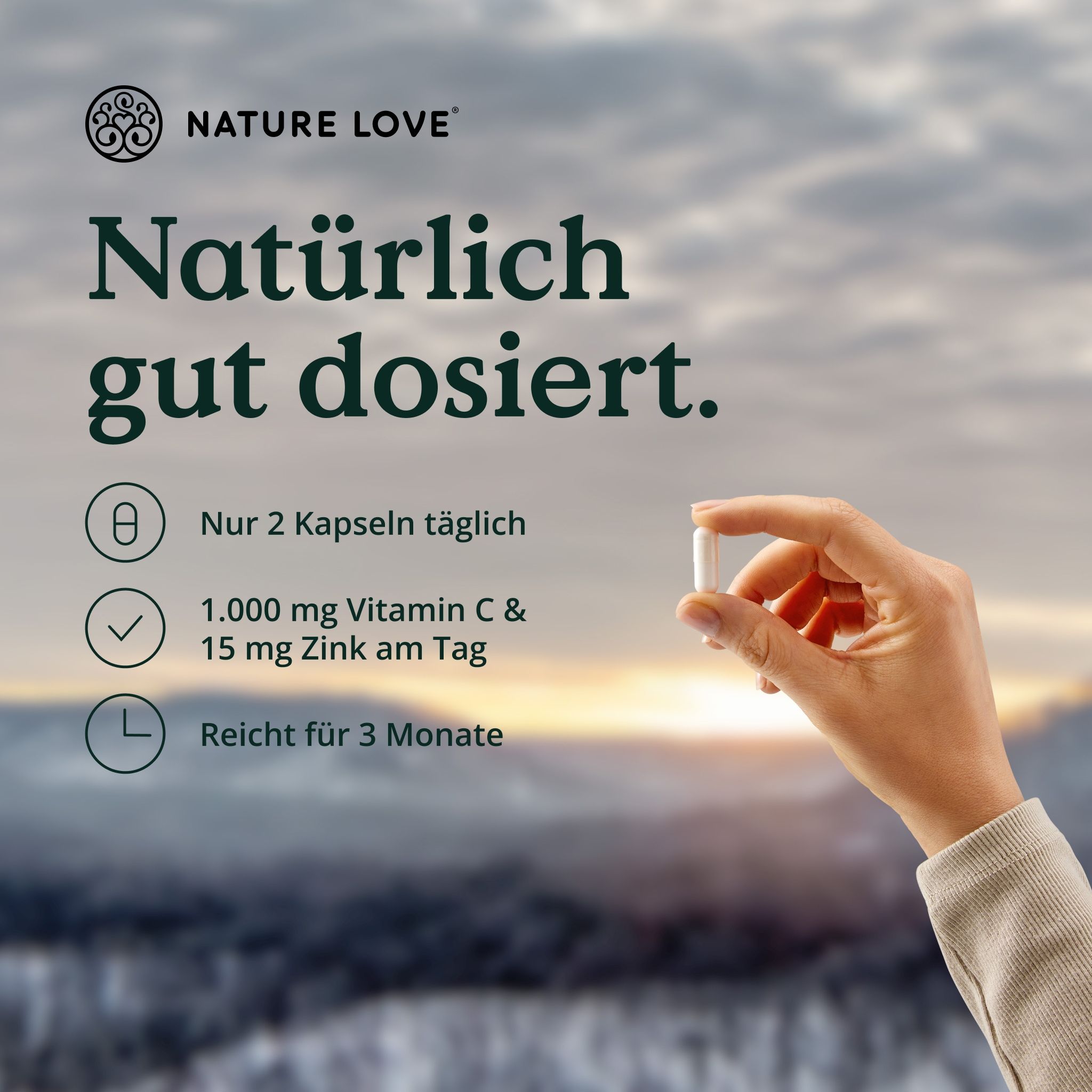 NATURE LOVE® Vitamin C Gepuffert & Zink – 180 Kapseln – hochdosiert 1000mg + 15mg Zink