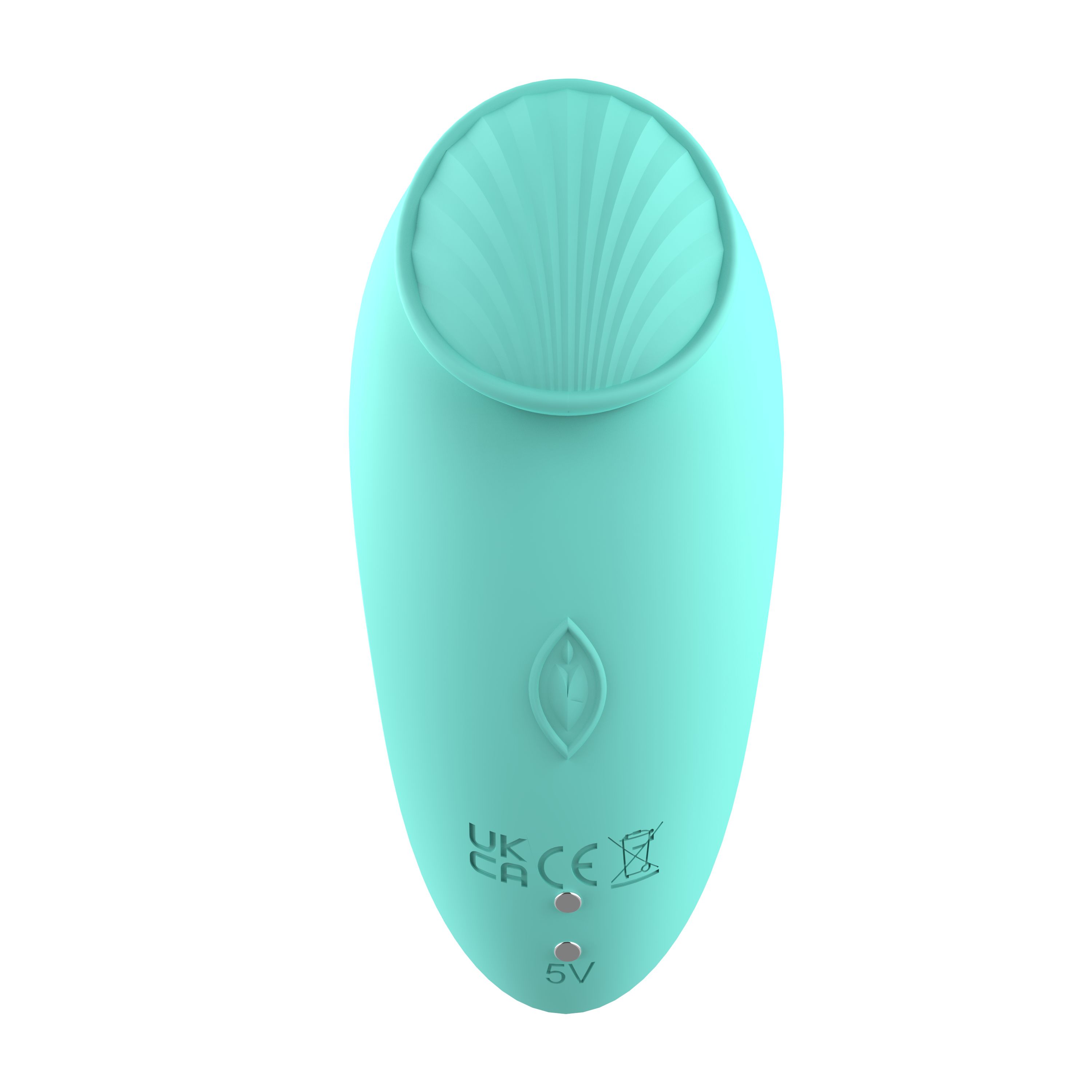 Türkisfarbenes Wellness-Produkt. Ovale Form mit Blattmuster. Mit UKCA-Kennzeichnung.