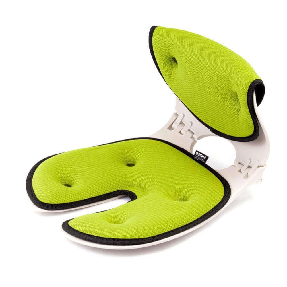 Ergonomischer Sitz, grün-schwarz-weiß, von oben.