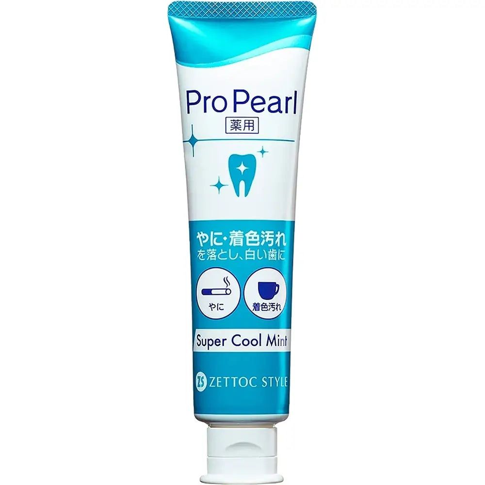 Zahncreme-Tube ProPearl Super Cool Mint. Weiß-blaues Design, Produktname und Zahn-Symbol. Text in Japanisch.