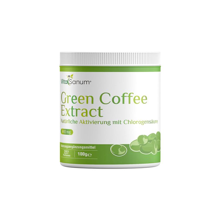 Weißes Behältnis mit grünem Etikett. Aufschrift: Green Coffee Extract, VitaSanum. Abbildung grüner Kaffeebohnen.