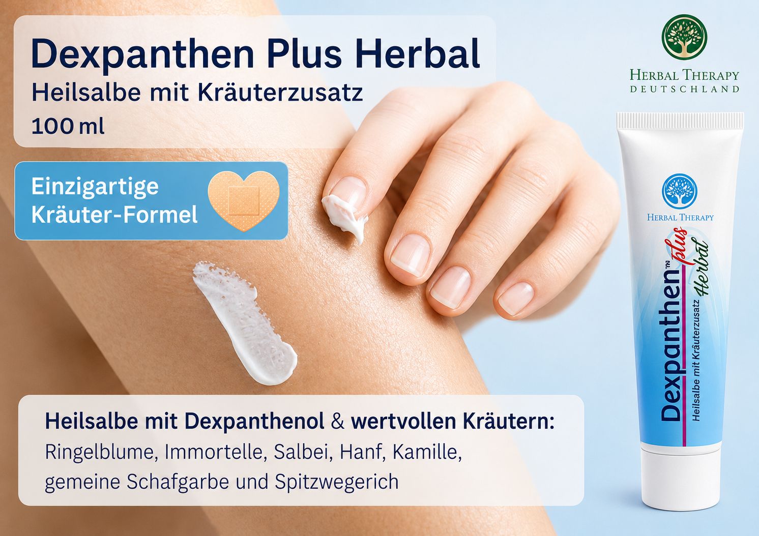 Dexpanthen Plus Herbal Salbe 100 ml. Hand mit Salbe aufgetragen. "Einzigartige Kräuter-Formel".