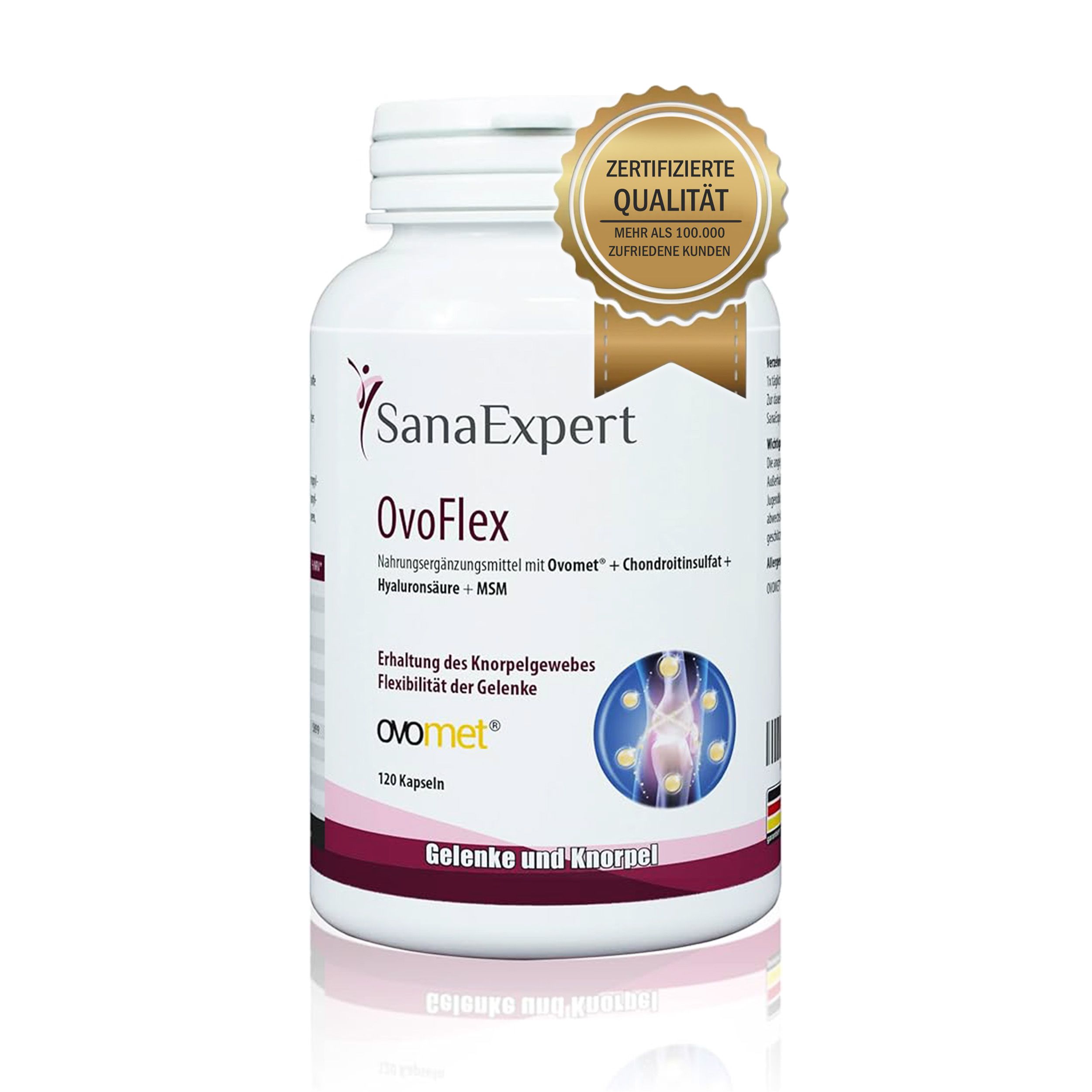 Weißes SanaExpert OvoFlex-Behälter mit Kapseln und goldenem Qualitätssiegel. Text: Zertifizierte Qualität.
