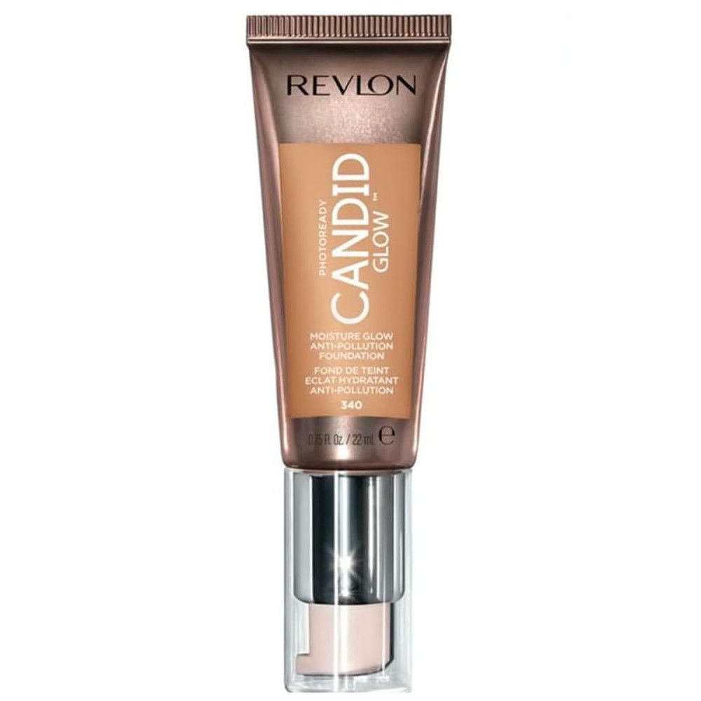 Revlon PhotoReady Candid Glow Foundation. Tube mit braunem Inhalt. Produktname und Details auf dem Etikett.