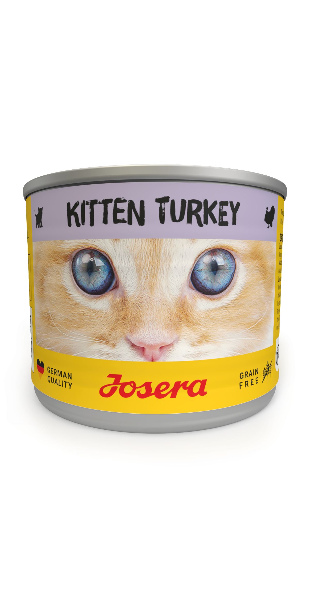 Eine Dose JOSERA Kitten Turkey. Auf der Dose sind Katzenaugen und der Markenname abgebildet.
