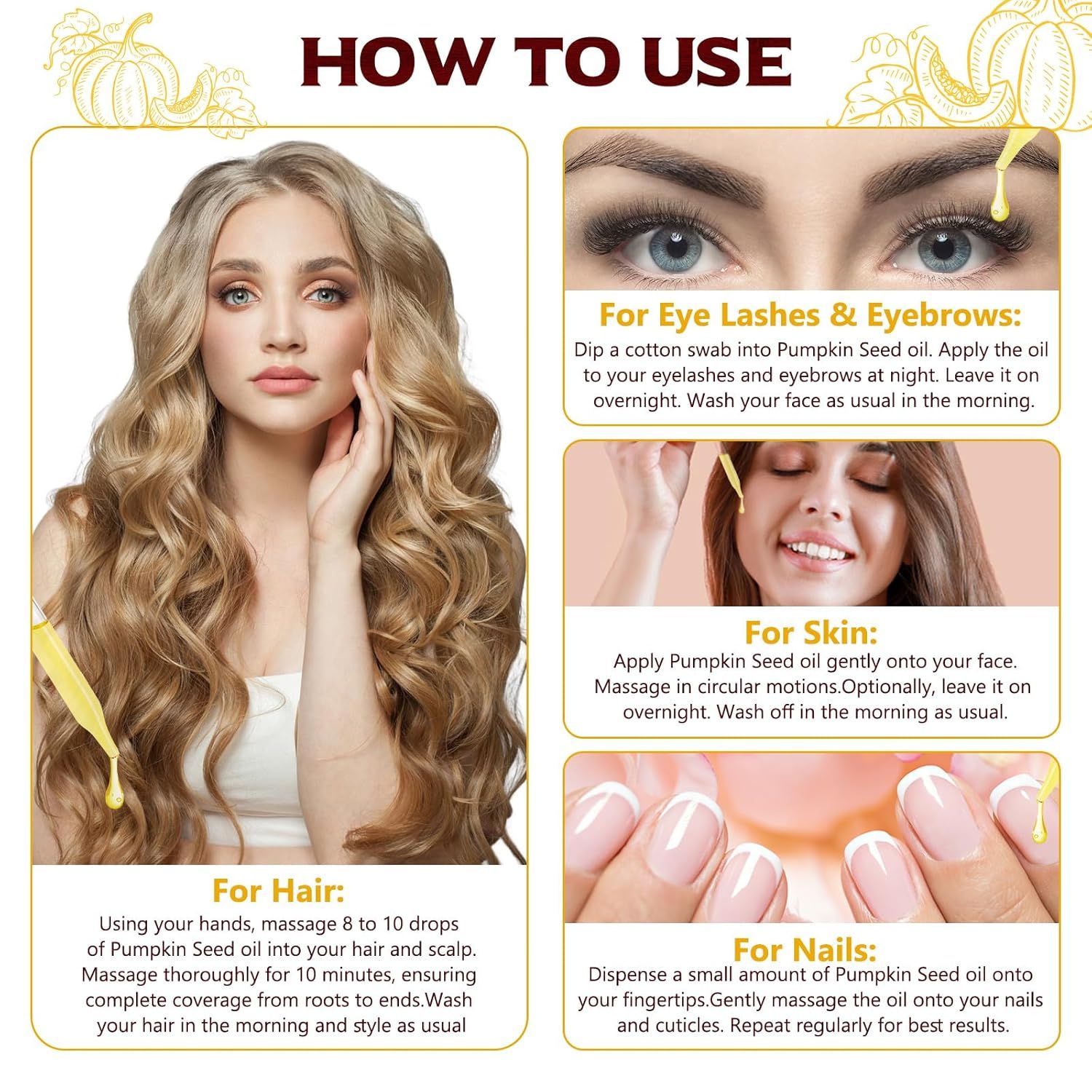 Frau mit langen Haaren und Produktabbildung. Text: How to Use. Anwendungsbeispiele für Haare, Haut, Nägel und Augen.