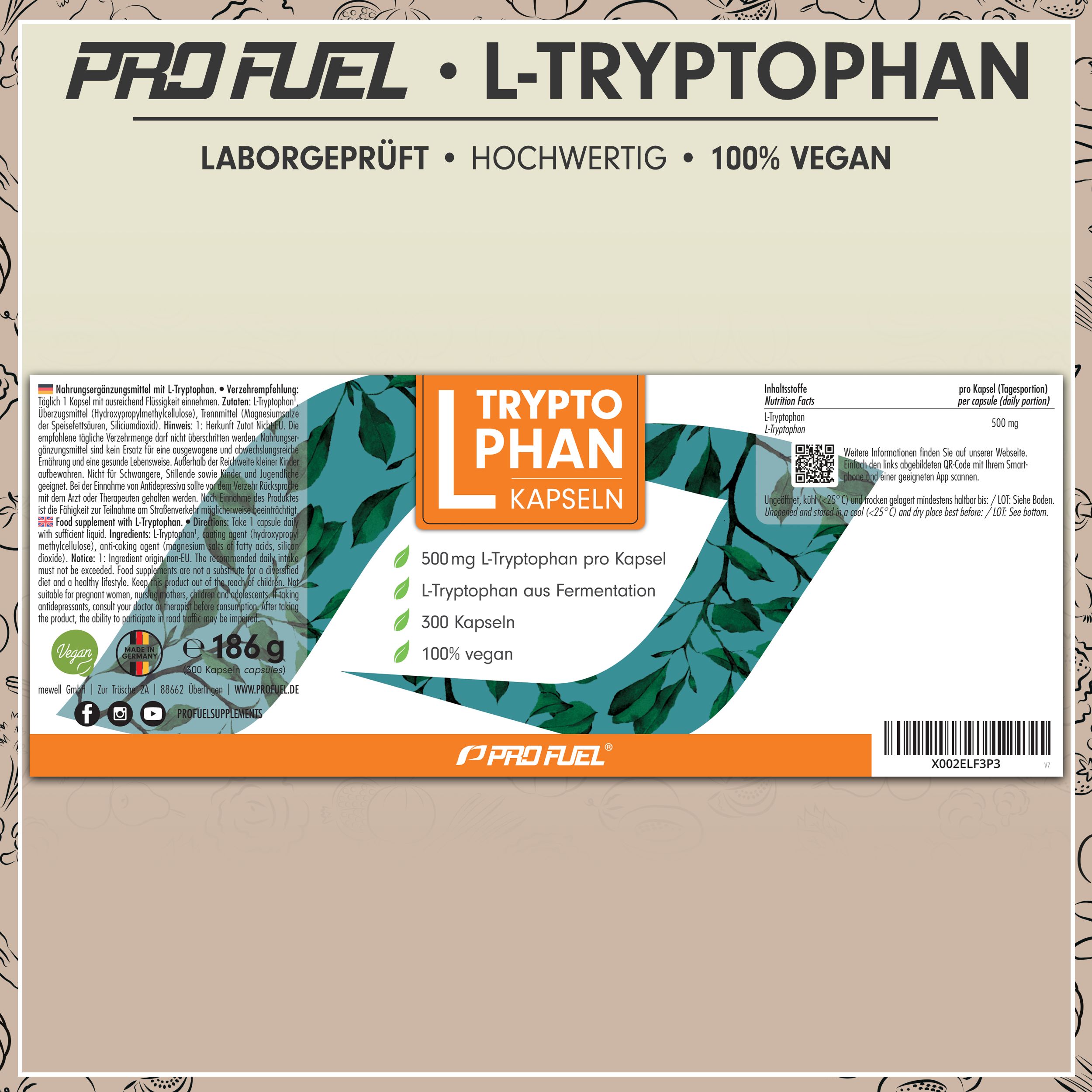 Pro Fuel L-Tryptophan Kapseln: 300 vegane Kapseln, 500 mg L-Tryptophan pro Kapsel, aus Fermentation, 100% vegan, zertifizierte Produktion.