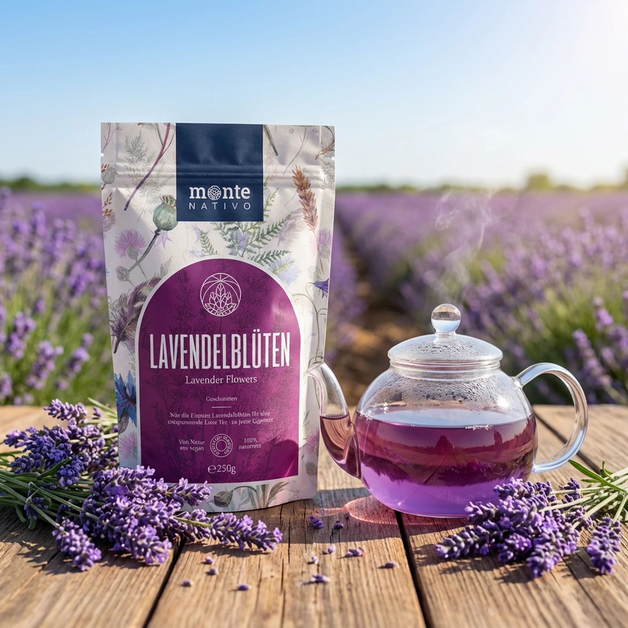 Lavendelblüten-Verpackung, Teekanne und Lavendelzweige auf Holztisch. Hintergrund: Lavendelfeld. Tee in der Kanne.