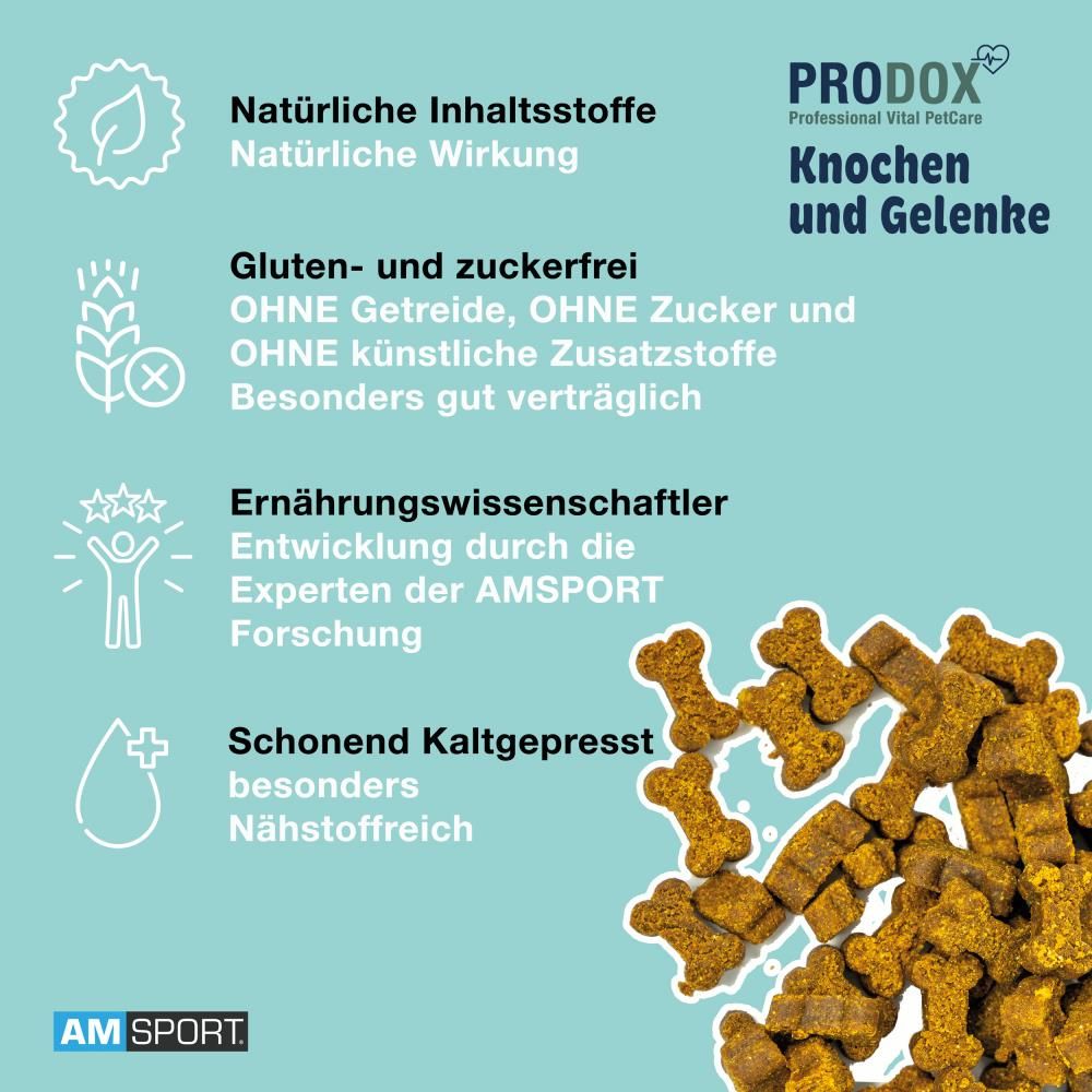 PRODOX Vital Bites-Beutel und Knochenförmige Leckerlis. Aufschrift: Knochen und Gelenke, Vital Bites. Illustrationen und Text. Blauer Hintergrund.