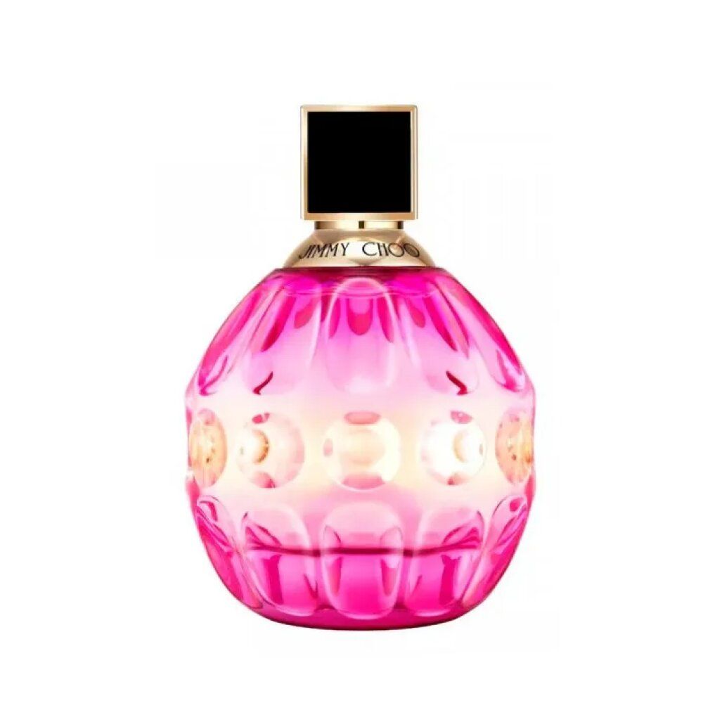 Runder Flakon mit rosa Flüssigkeit. Schwarzer, quadratischer Verschluss. Goldener Hals. Jimmy Choo Rose Passion.