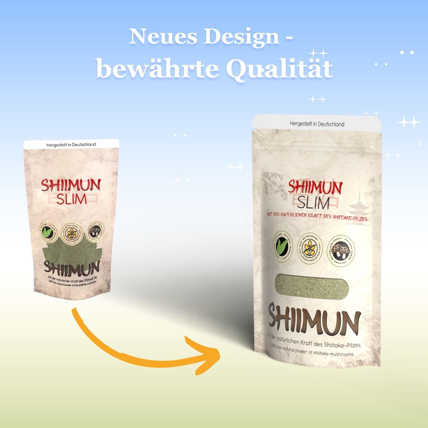 Vergleich von zwei Shiimun Slim Beuteln. Der linke Beutel zeigt das alte Design, der rechte das neue.