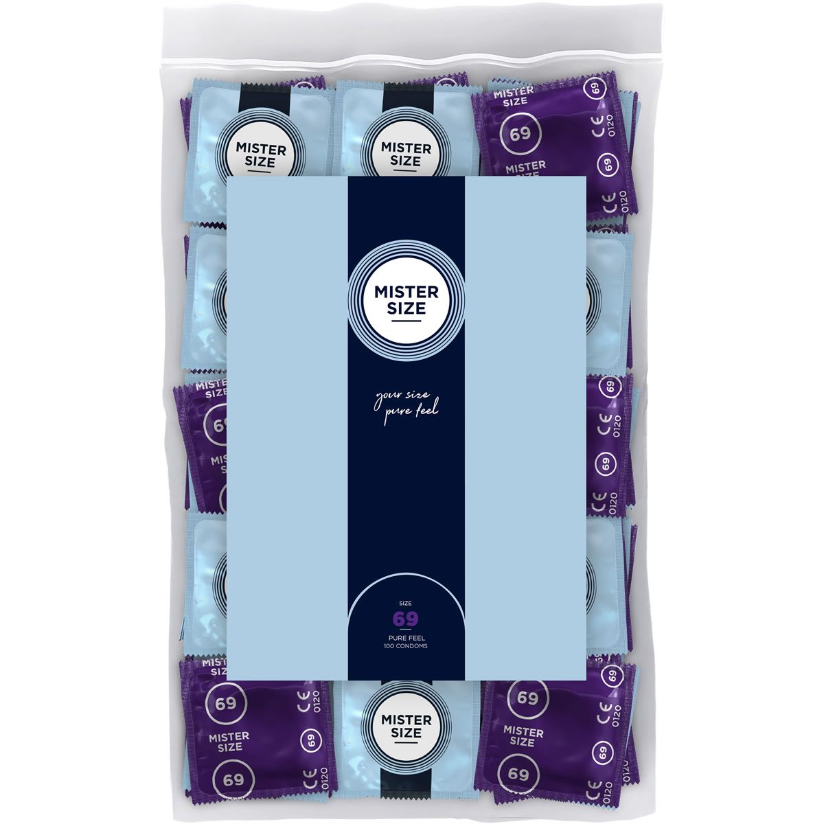 Beutel mit Kondomen. "Mister Size 69" ist sichtbar. Einzelne Kondome in hellblauen und violetten Folien verpackt.
