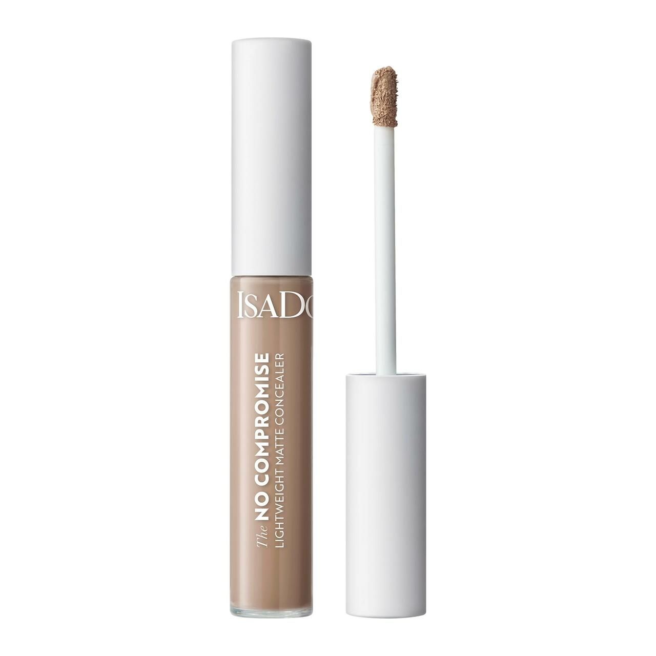 Concealer-Tube mit weißem Deckel und Applikator. Aufschrift: IsaDora, The No Compromise, Lightweight Matte Concealer.