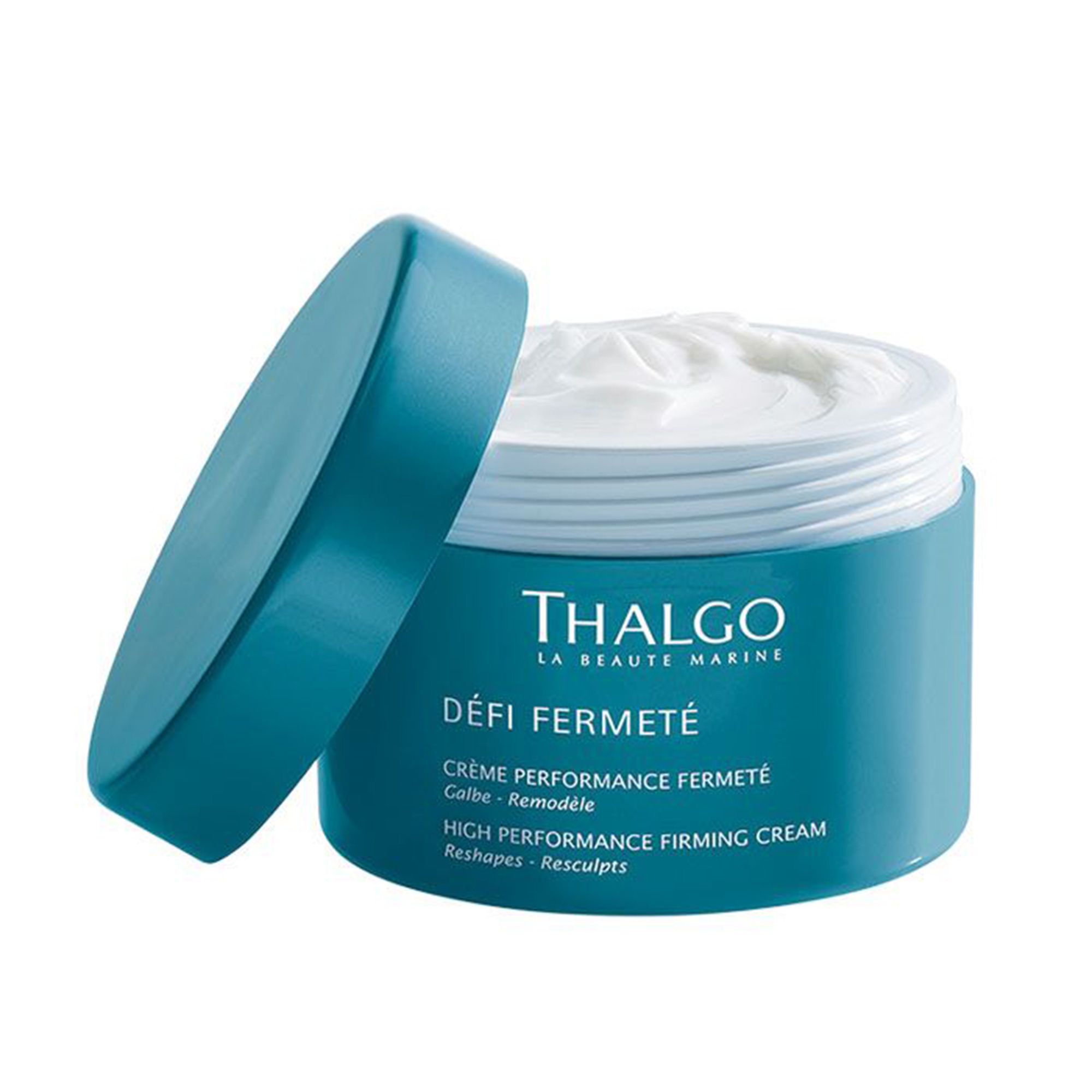 Türkisfarbener Tiegel mit weißer Creme und offenem Deckel. Aufschrift: THALGO, DÉFI FERMETÉ, High Performance Firming Cream.