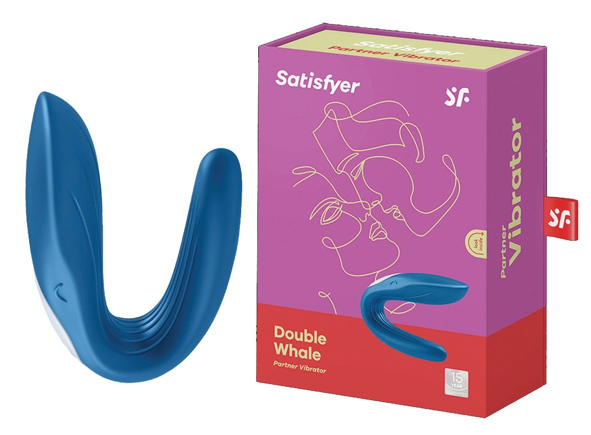 Produkt und Verpackung. Blaues, U-förmiges Produkt neben lila Schachtel mit Text: Satisfyer, Double Whale, Partner Vibrator.