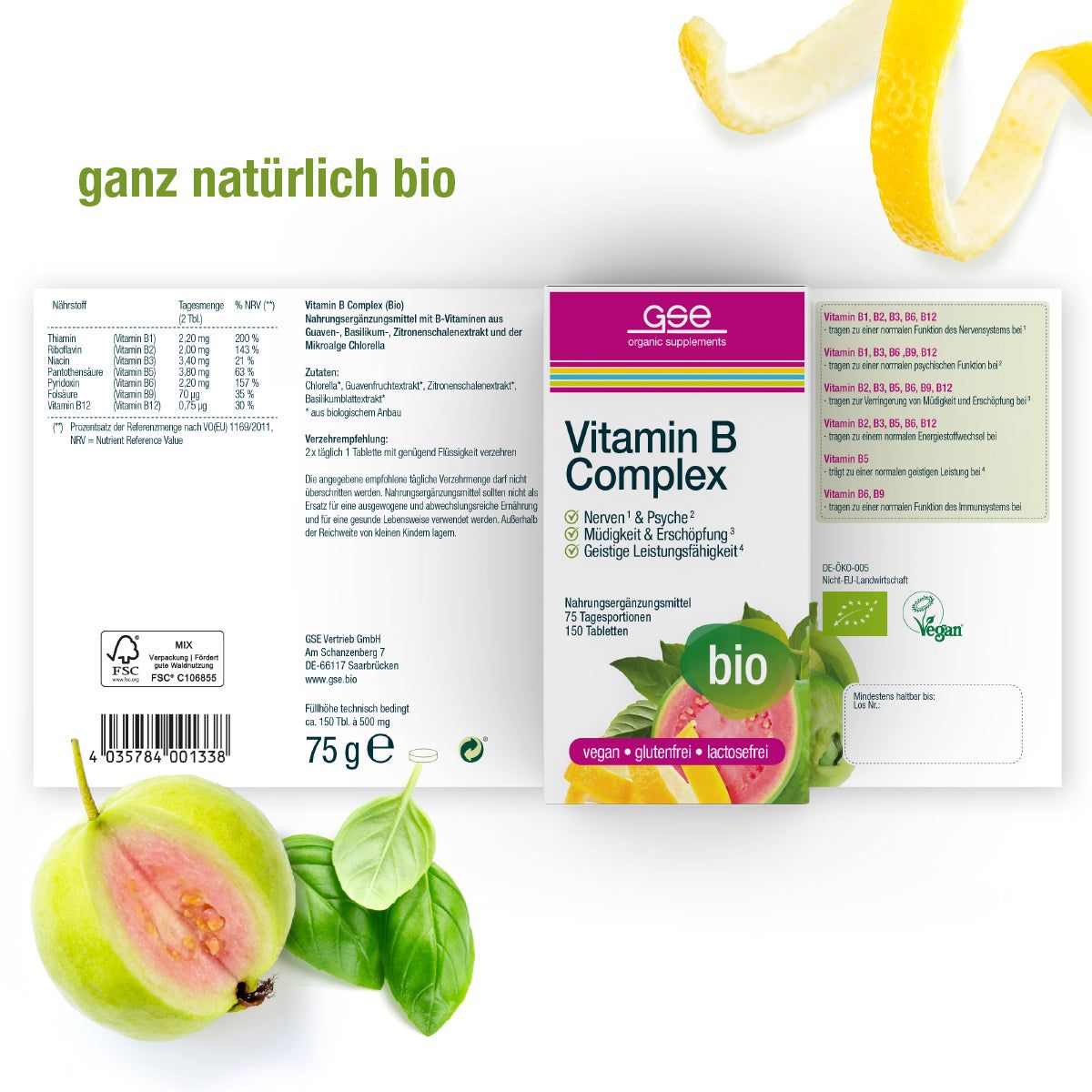 Geöffnete Verpackung GSE Vitamin B Complex. 75 g, 150 Tabletten, bio, vegan, glutenfrei, laktosefrei. Guave, Blätter.