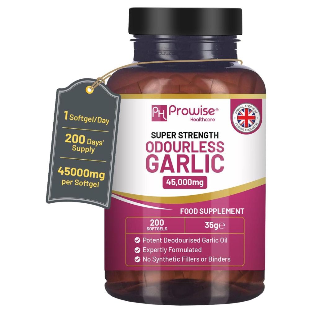 Braune Flasche mit Prowise Odourless Garlic Kapseln, 200 Stück.