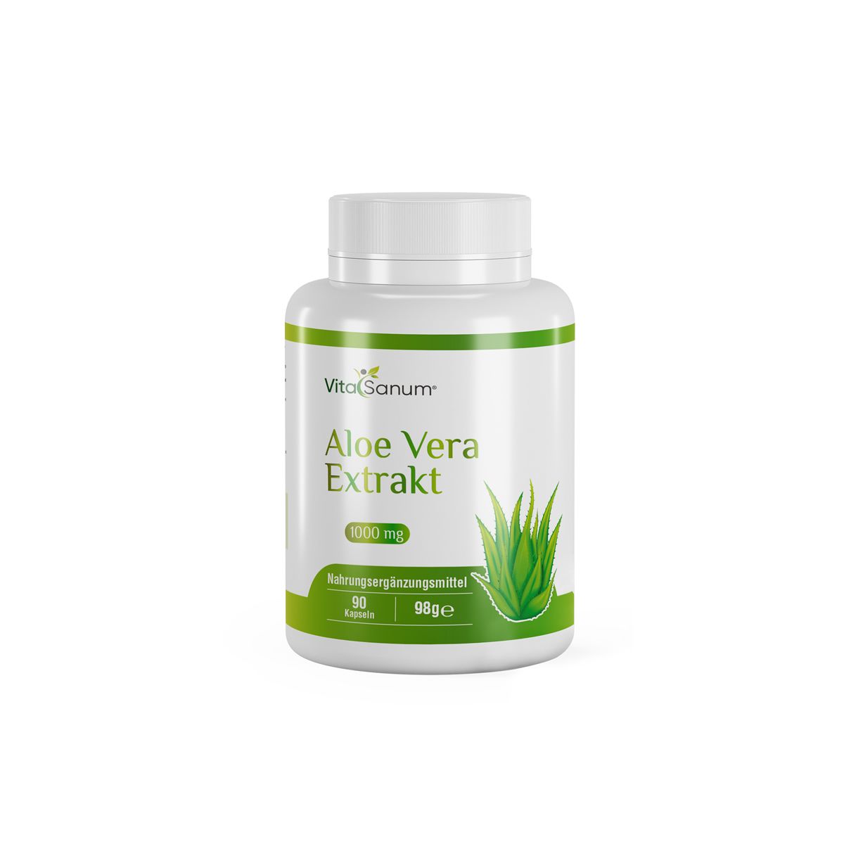 Weiße Flasche mit grünem Etikett. Aufschrift: VitaSanum, Aloe Vera Extrakt, 1000 mg. 98g, 60 Kapseln.