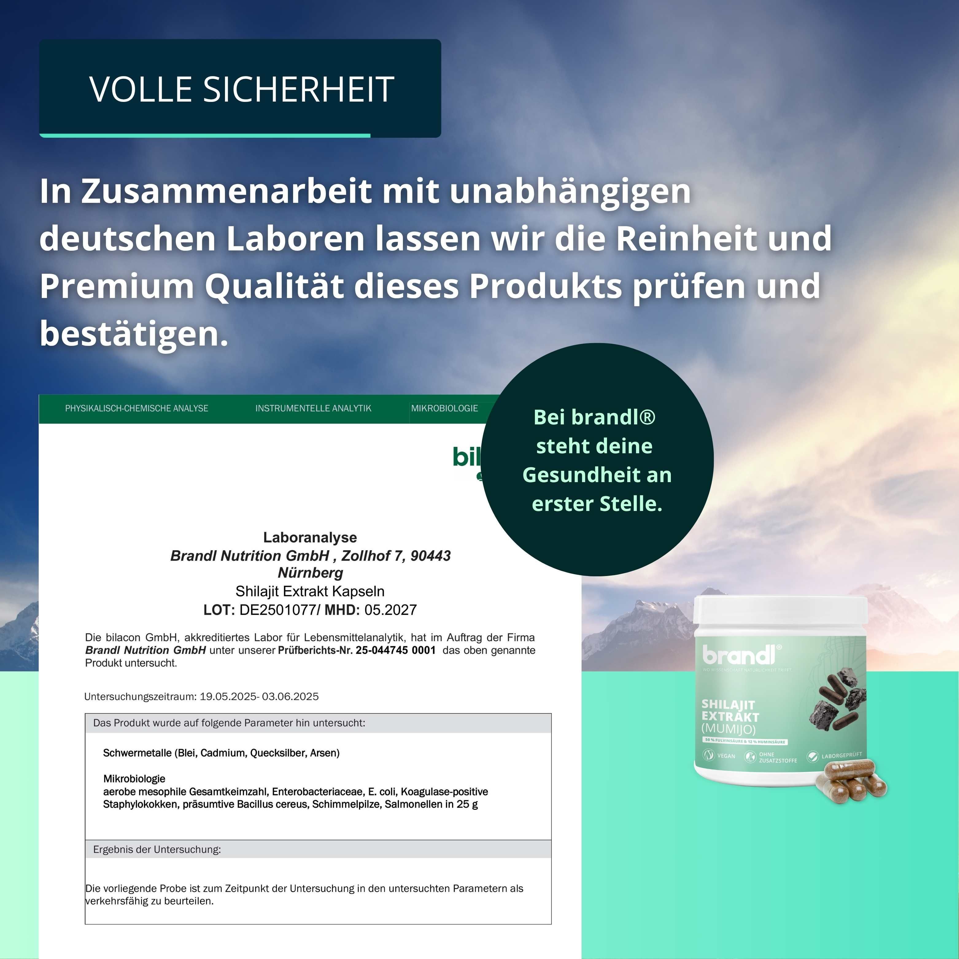 Laboranalyse-Dokument. Dose brandl® Shilajit Extrakt (Mumijo) und Kapseln. Text: Reinheit und Premium Qualität. Gesundheit steht im Mittelpunkt.