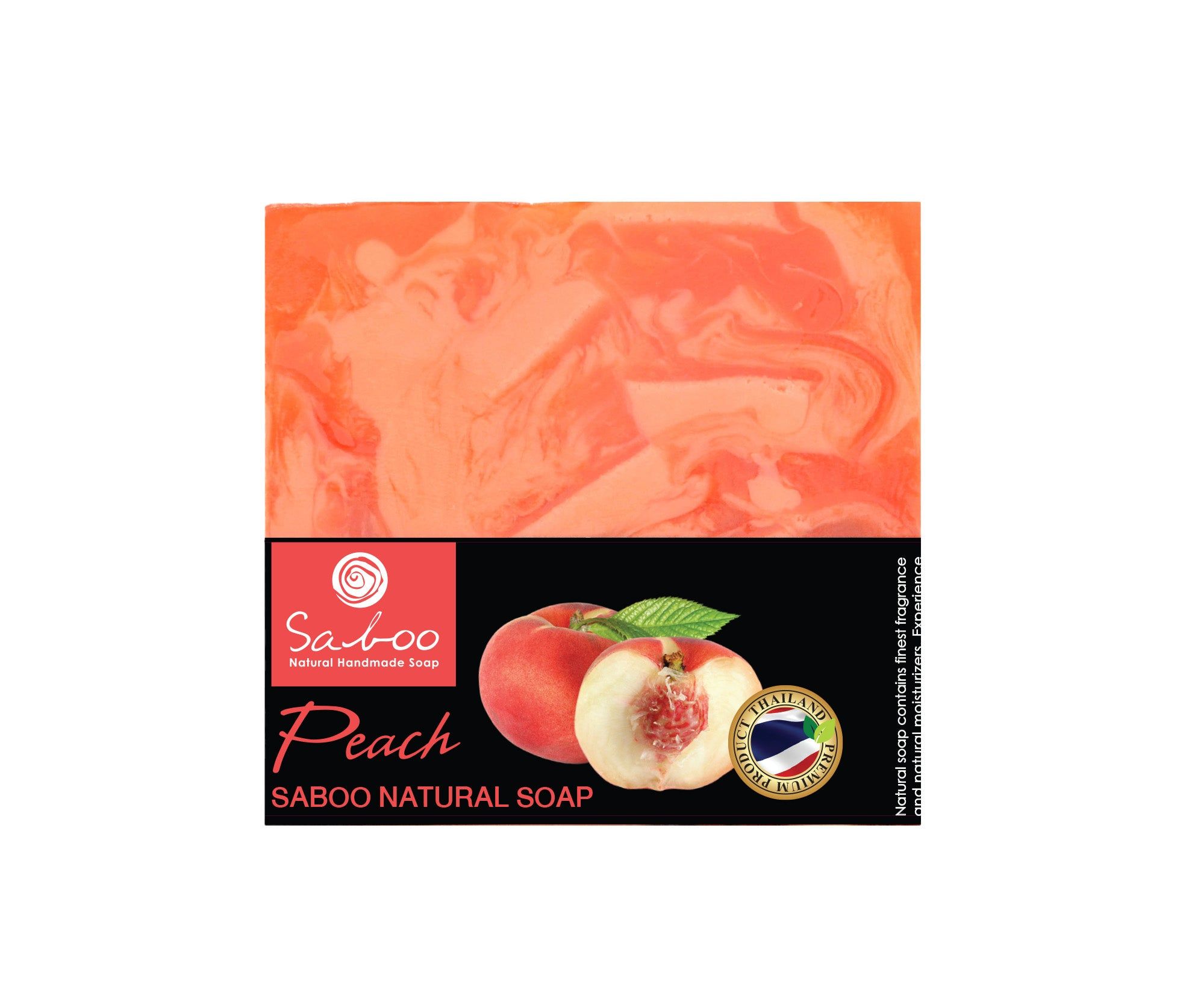 Rechteckige Seife mit Pfirsich-Motiv und "Saboo"-Logo. Schwarze Banderole mit Text und Pfirsich-Abbildung. "Peach" Schriftzug.