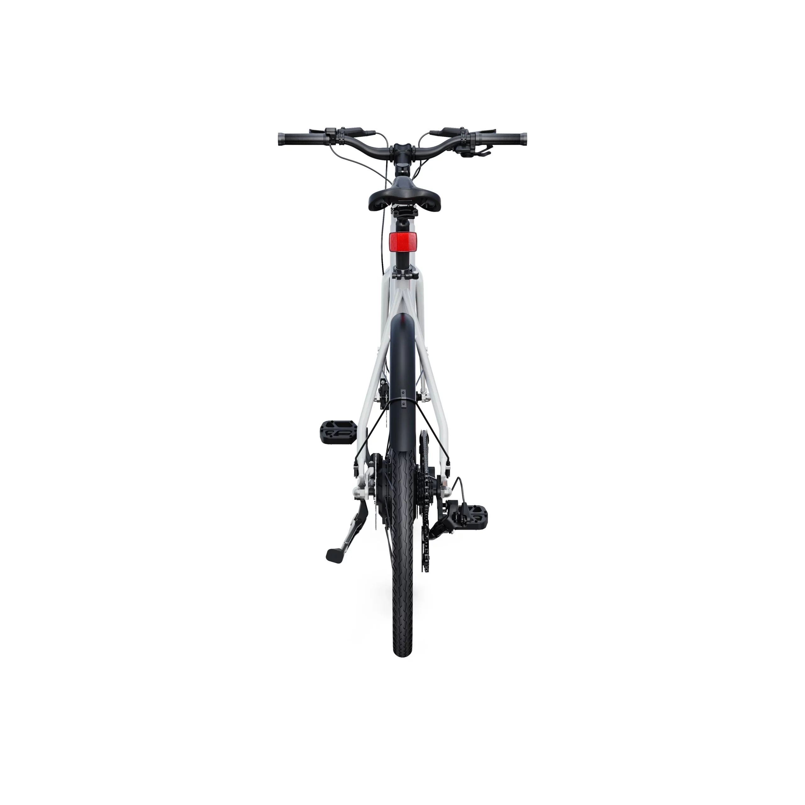 Graues Elektrofahrrad, Heckansicht. Schwarze Reifen, Pedale, Sattel und Lenker. Rotes Rücklicht.