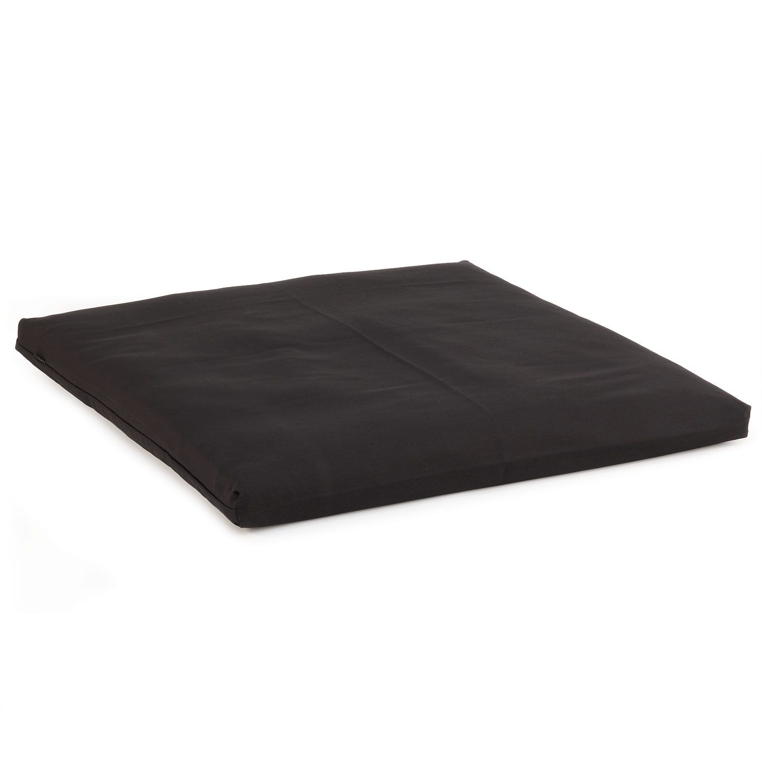 Schwarze Meditationsmatte ZABUTON BASIC. Quadratisch, aus Stoff. Liegt flach auf weißem Hintergrund.