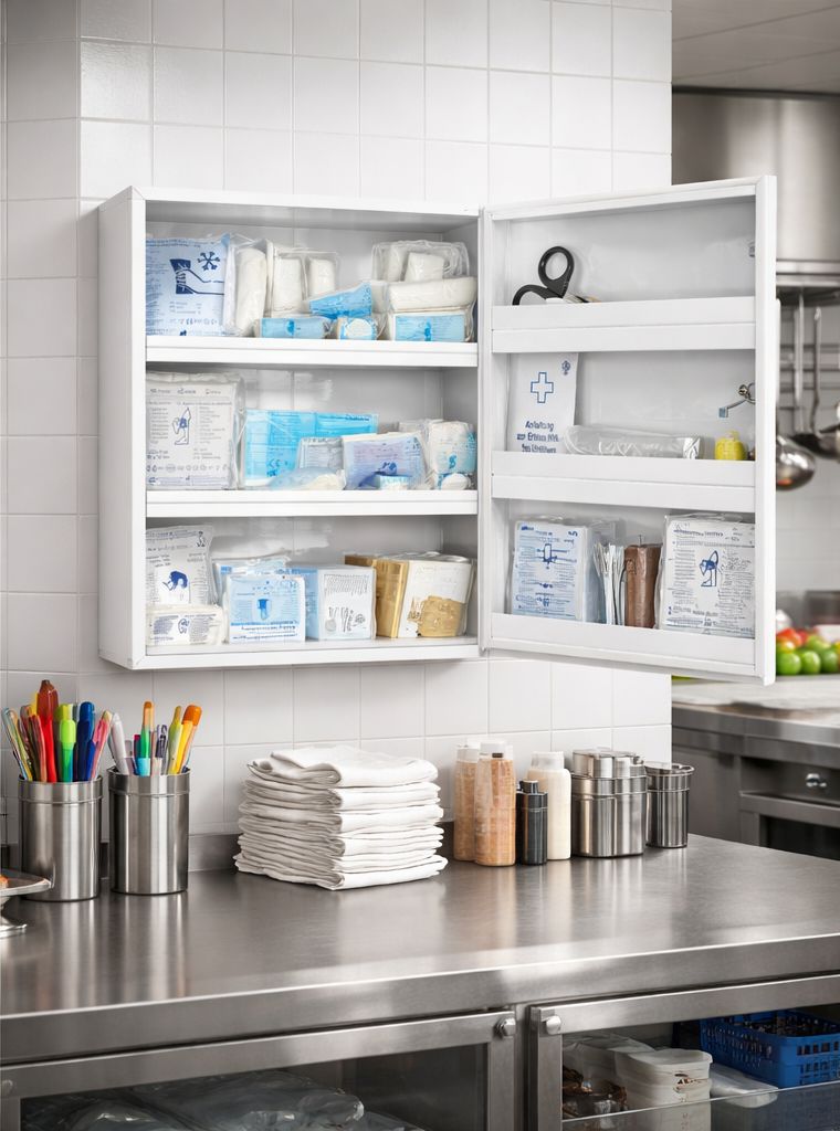 Verbandschrank geöffnet, gefüllt. Enthält Verbandsmaterial, Schere, etc. In Küche. Offene Regale.