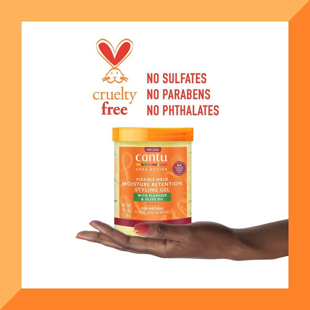 Hand hält Cantu Styling Gel Dose. Aufschrift: Flexible Hold, Moisture Retention Styling Gel, mit Leinsamen und Olivenöl. Cruelty Free Logo.