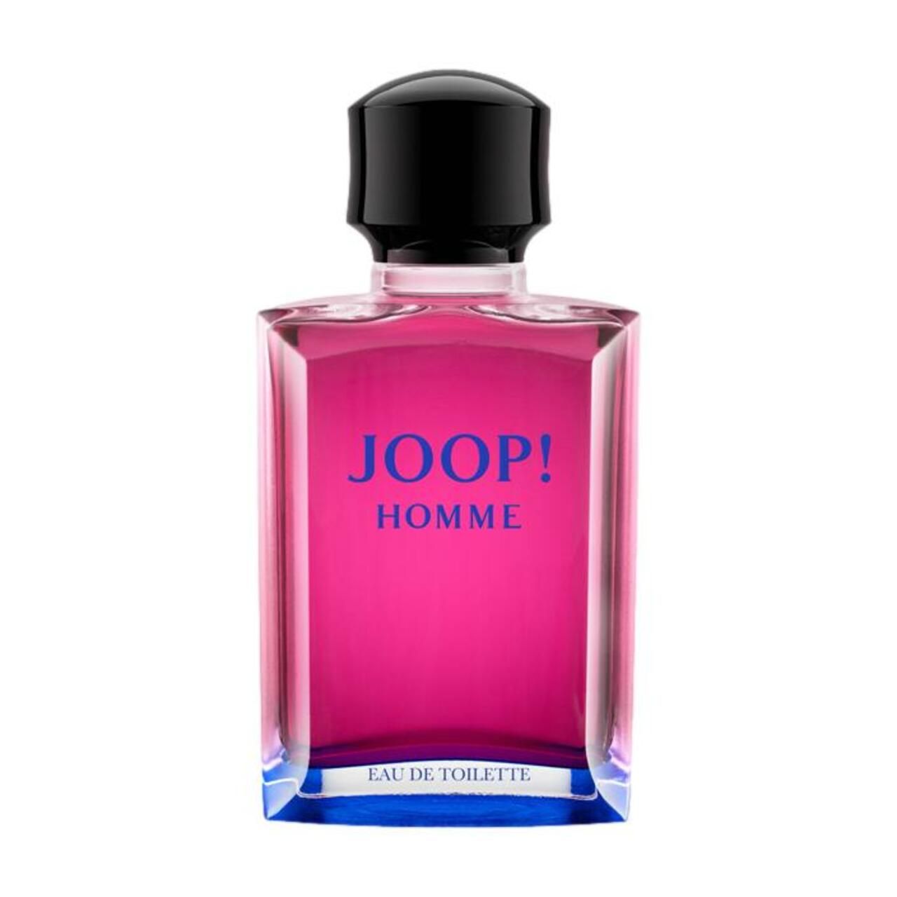 JOOP! Homme Flakon. Rosa Flüssigkeit, schwarzer Deckel, blaue Schrift. Text: Eau de Toilette.