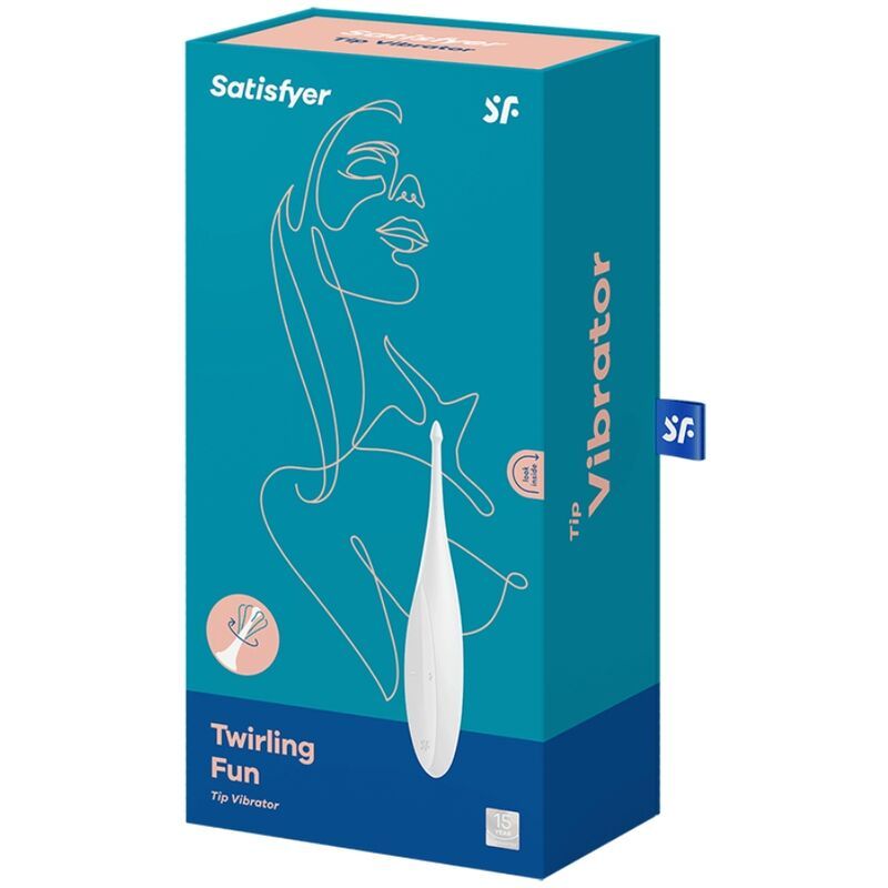 Verpackung mit Produktabbildung. Schriftzug "Satisfyer", "Twirling Fun" und "Tip Vibrator". Blau-türkiser Hintergrund.