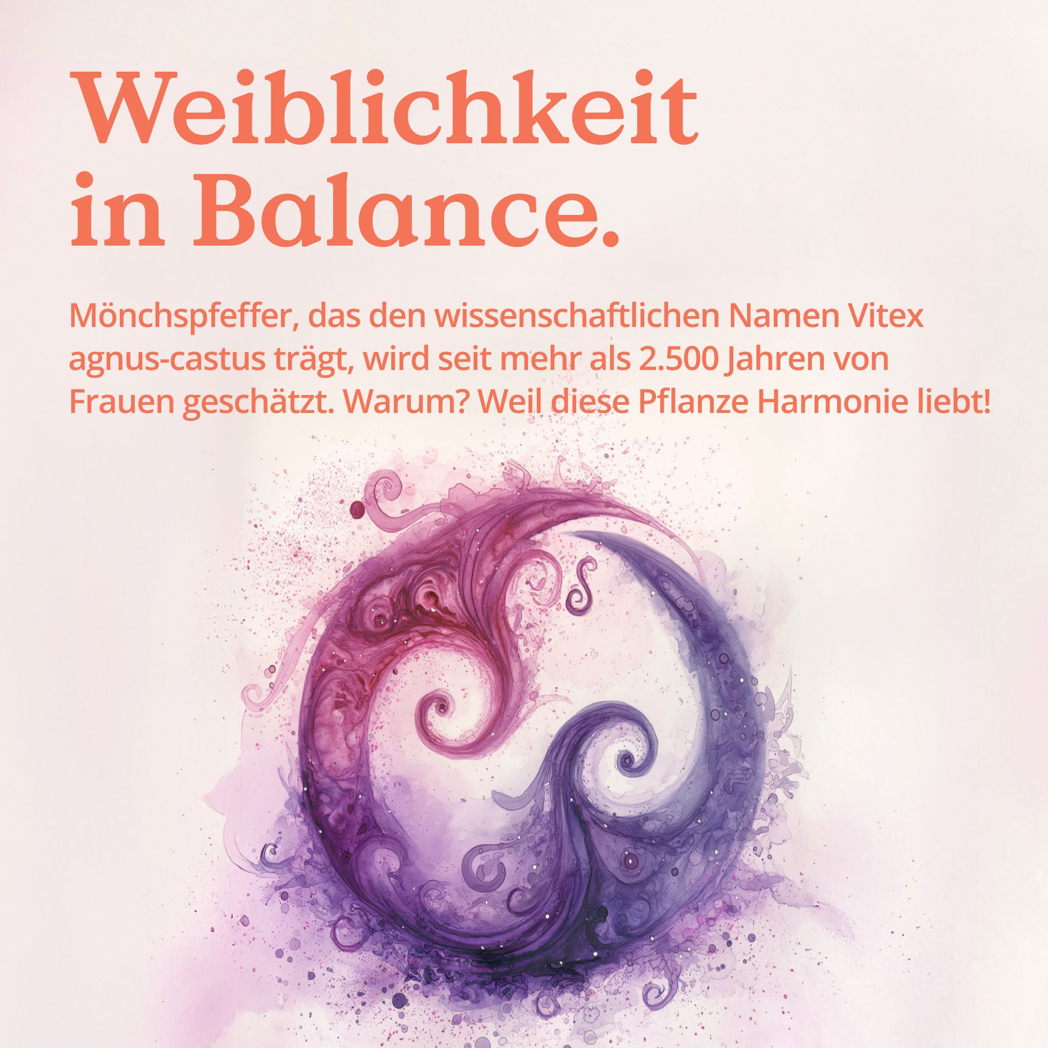 Abstrakte Darstellung eines Yin-Yang-Symbols in Lila- und Rottönen, Text "Weiblichkeit in Balance."