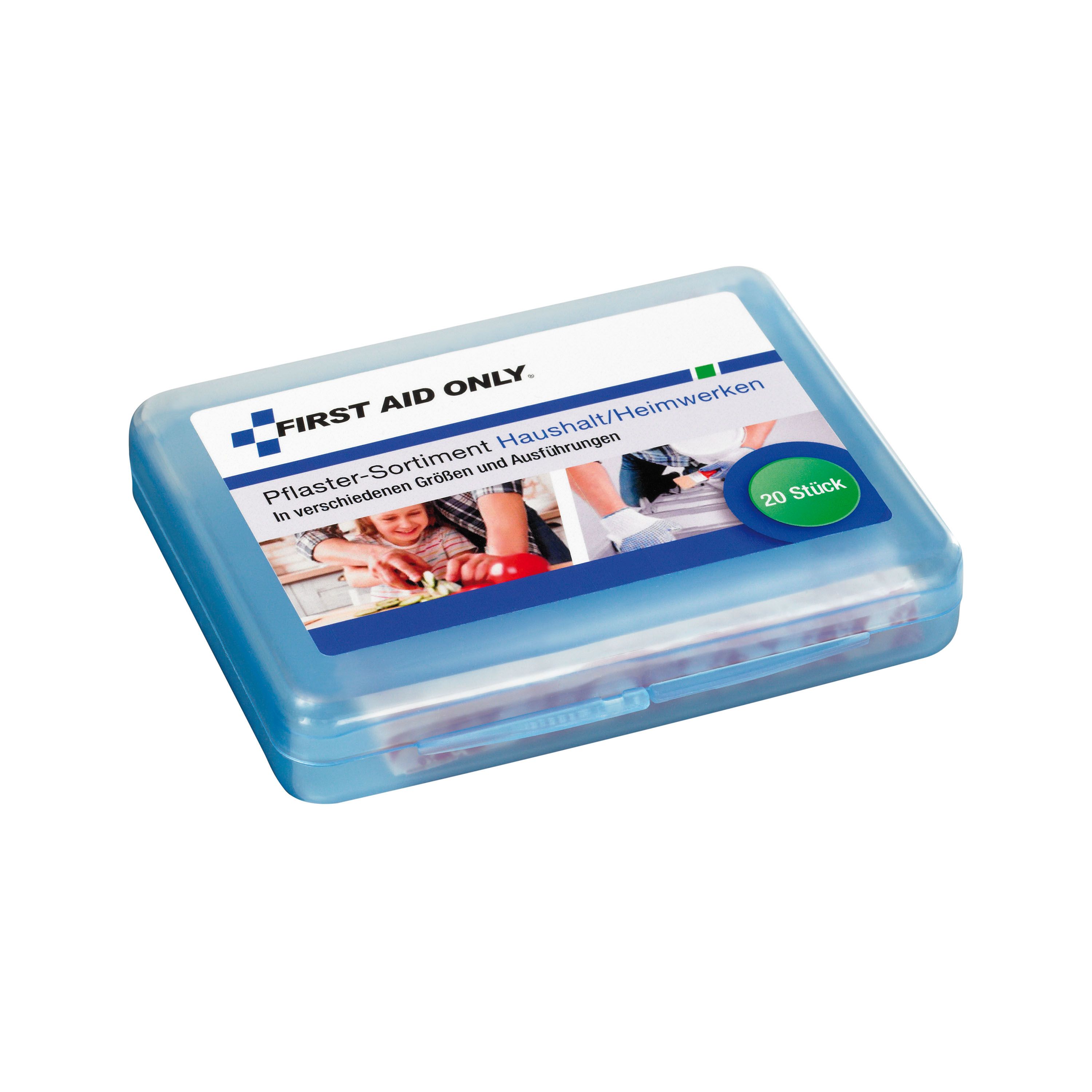 Blaue Kunststoffbox mit Pflaster-Sortiment. Aufschrift: First Aid Only, Pflaster-Sortiment Haushalt/Heimwerken. 20 Stück.