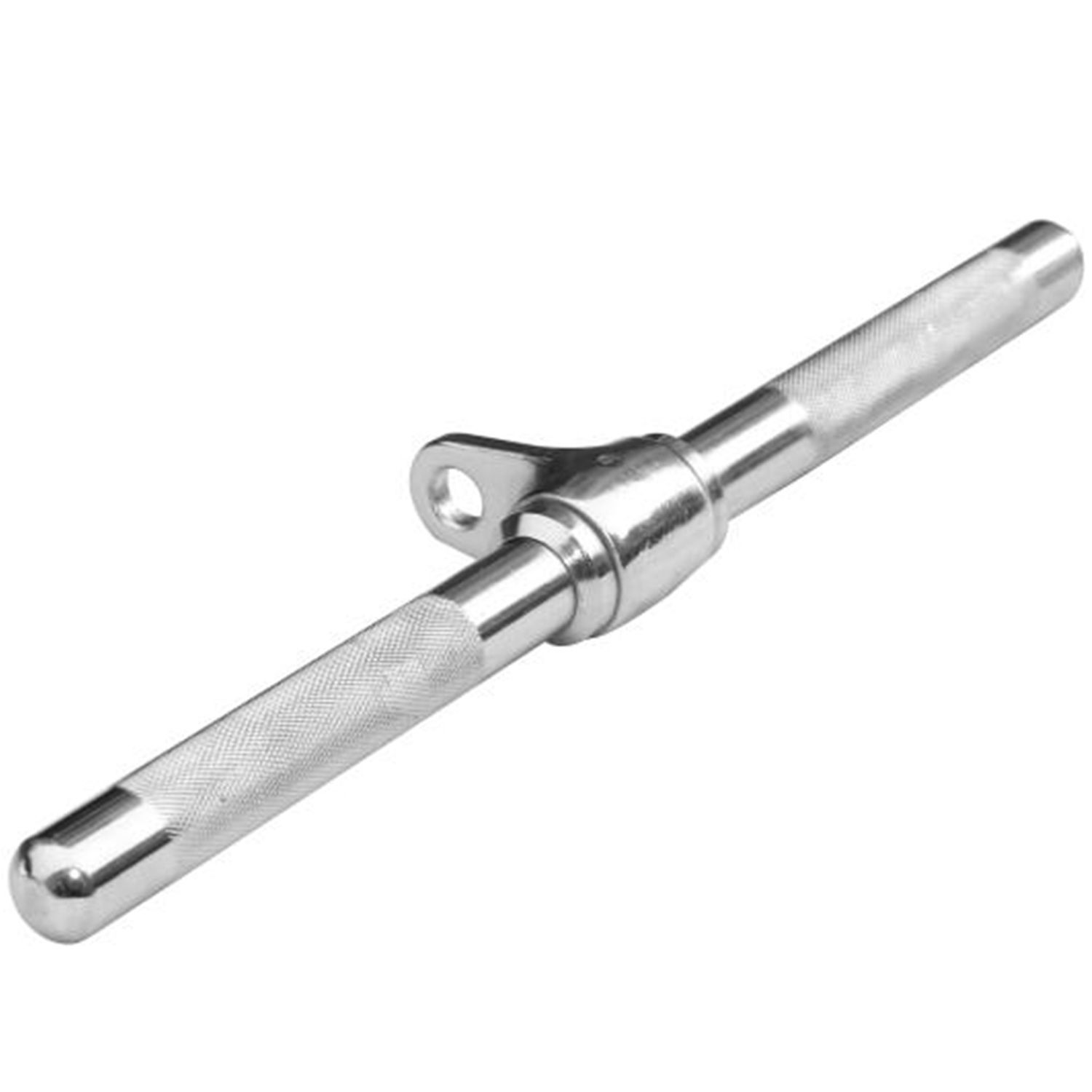 Stahl-Bizeps-Trizeps-Stange. Drehgelenk. Geriffelte Griffe. Silberfarbenes Metall. Für Kabelzug geeignet.