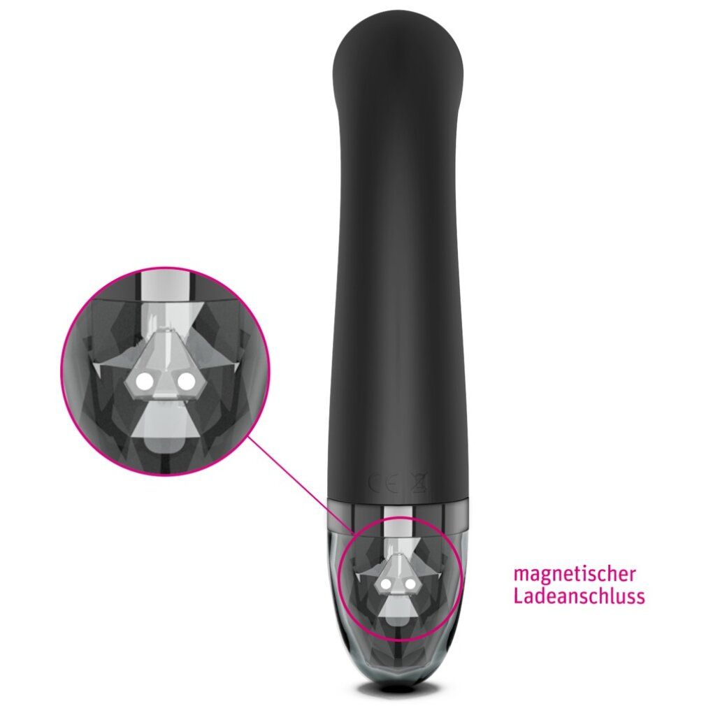Schwarzer eStim-Vibrator mit vergrößerter Ansicht des transparenten Bereichs. Magnetischer Ladeanschluss.