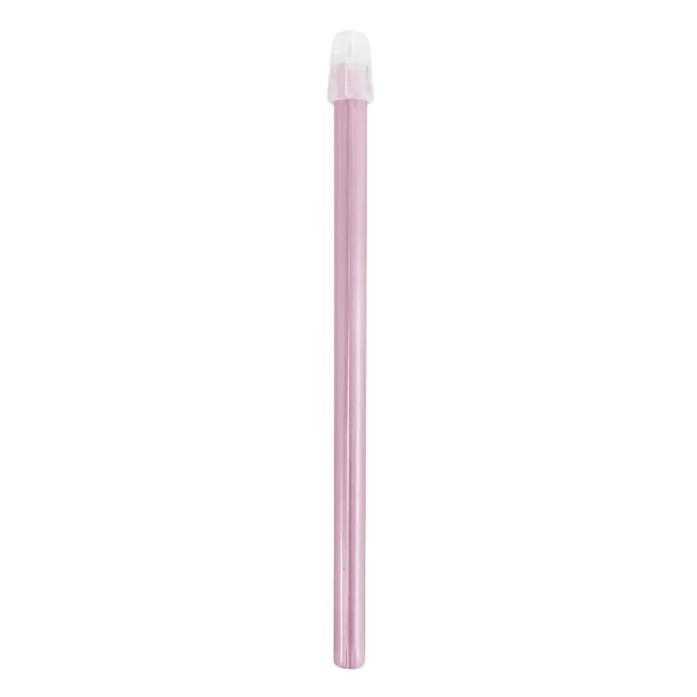 Ein langer, dünner, rosa Speichelsauger mit einer weißen Kappe an einem Ende.