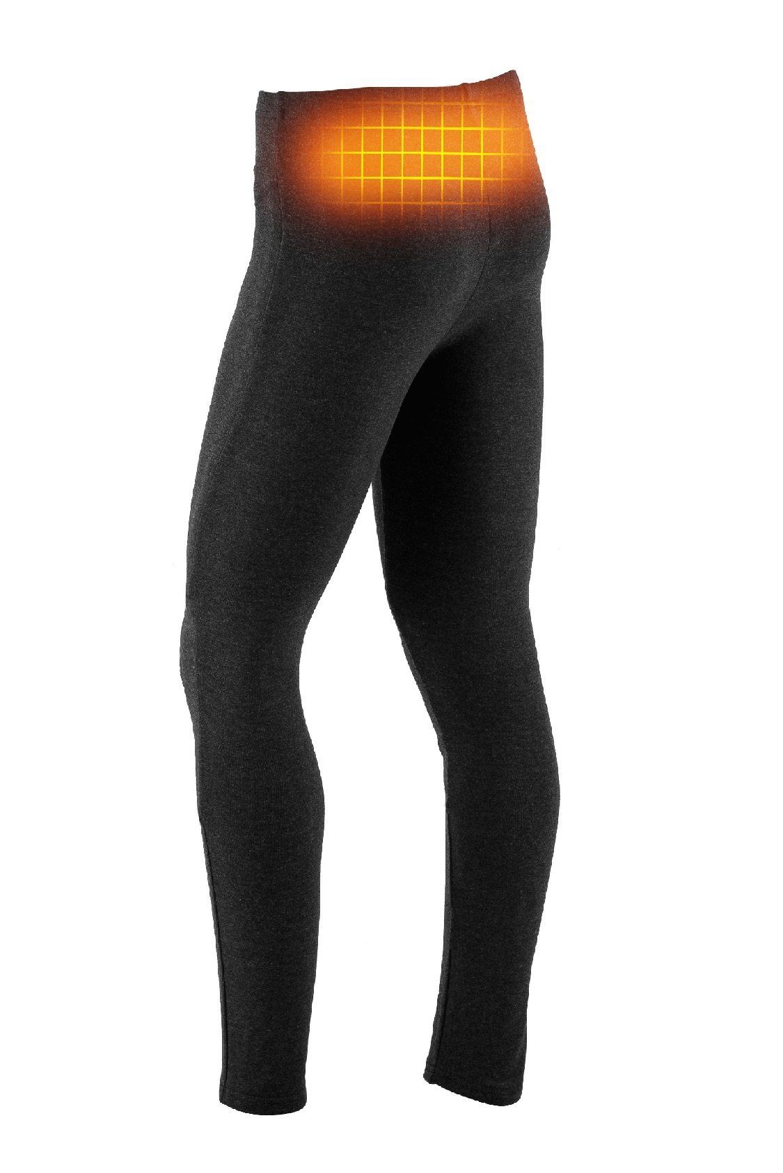 Dunkelgraue Thermohose. Eng anliegend. Bereich des Rückens mit Heizfunktion dargestellt.