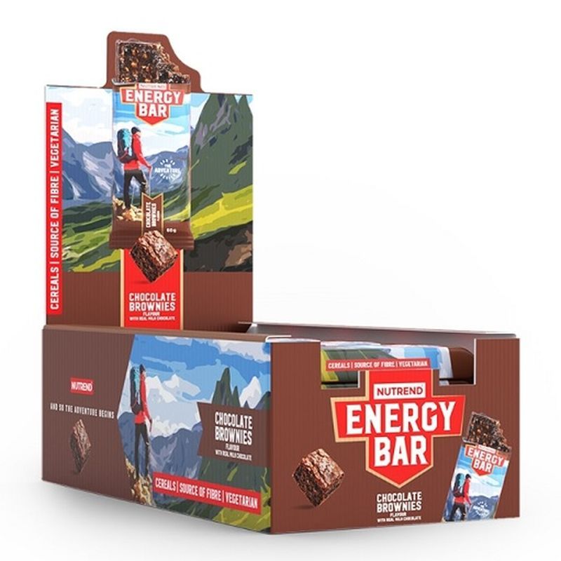Verkaufsdisplay mit Nutrend Energy Bar. Aufdruck: Energy Bar, Chocolate Brownies, Cerealien, Ballaststoffe, vegetarisch. Abbildung: Wanderer.