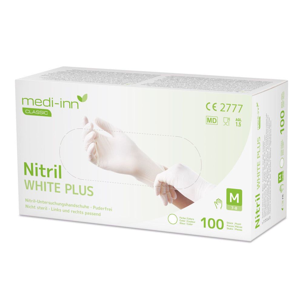 Weiße Medi-Inn Nitril White Plus Einmalhandschuhe in einer weißen Schachtel. Aufdrucke: Marke, Produktname, Größe M, 100 Stück, CE-Kennzeichnung.