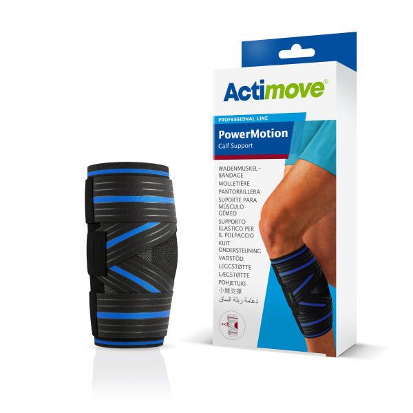 Wadenbandage Actimove PowerMotion, schwarz mit blauen Streifen. Produktverpackung mit Logo und Produktbezeichnung.