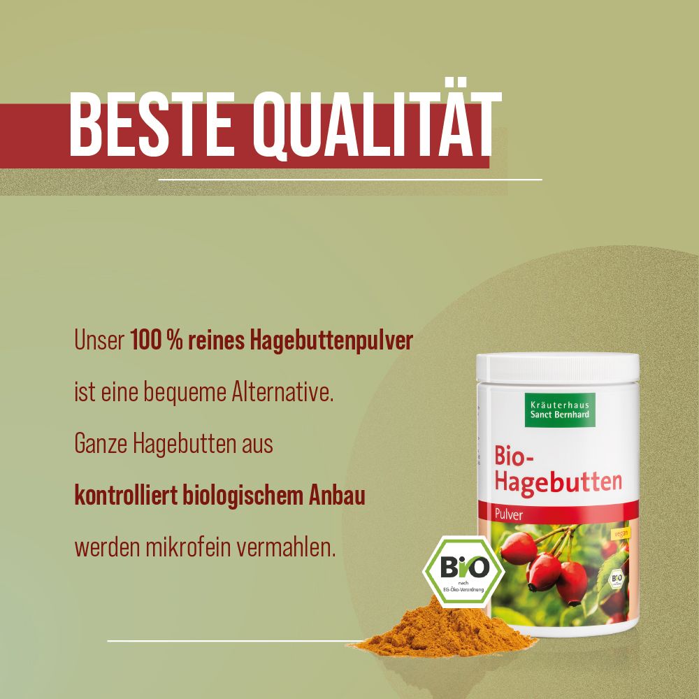 Weißes Produktglas mit roter Aufschrift Bio-Hagebutten Pulver. Bio-Siegel und Hagebuttenpulver daneben. Marke: Kräuterhaus Sanct Bernhard.