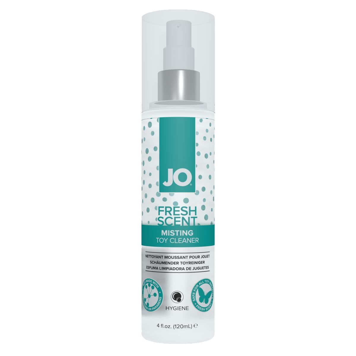 Zylindrische Flasche mit Sprühkopf. Aufschrift: JO, FRESH SCENT, MISTING TOY CLEANER. Türkis-weiße Punkte. 4 fl. oz. (120ml).