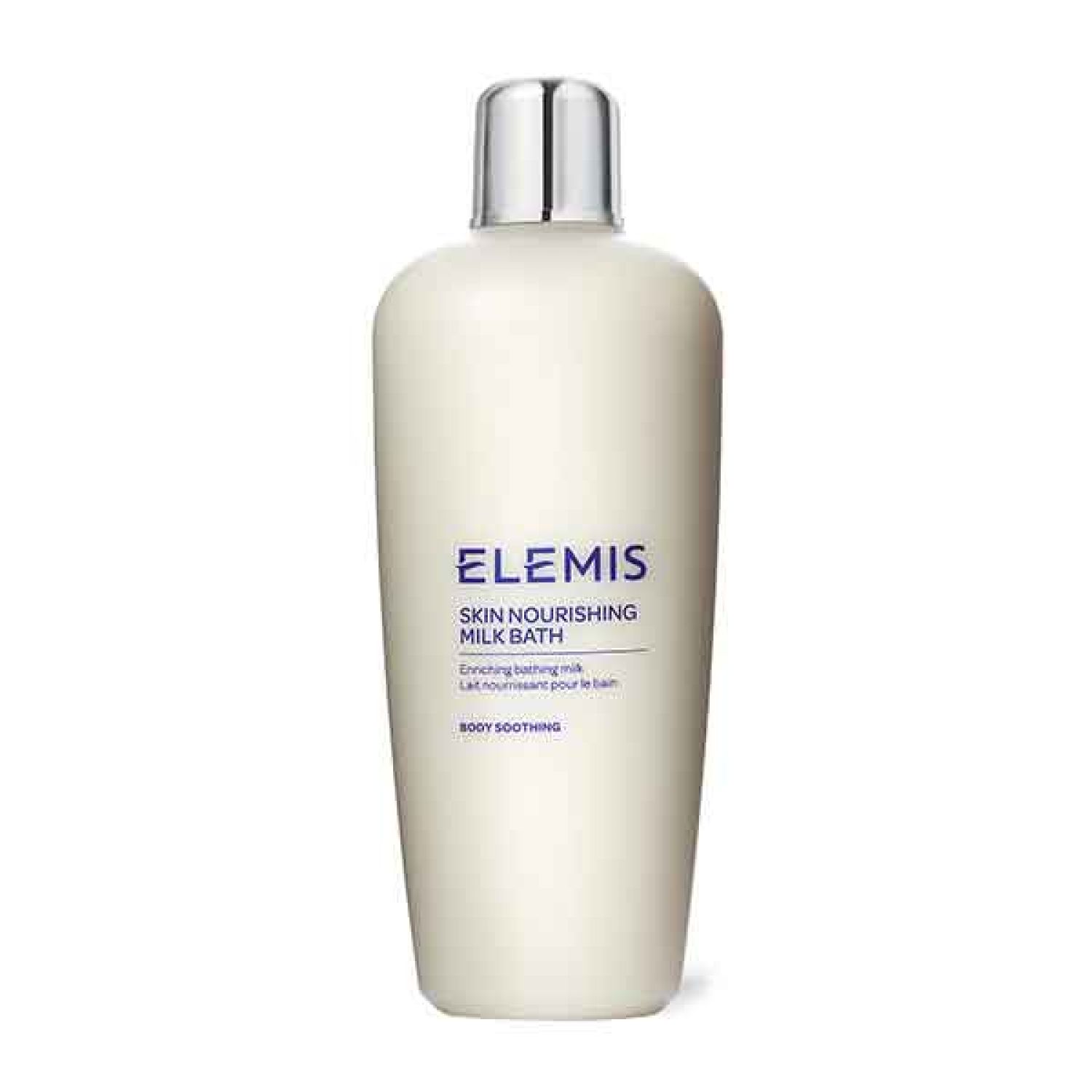 Weißliche Flasche mit silbernem Deckel. Aufschrift: Elemis Skin Nourishing Milk Bath. Text darunter.