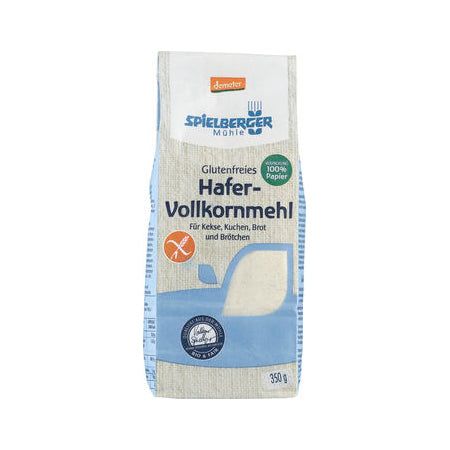 Verpackung von Spielberger Hafermehl Vollkorn glutenfrei. Enthält Text: Glutenfreies Hafer-Vollkornmehl, 100% Papier, 350g.